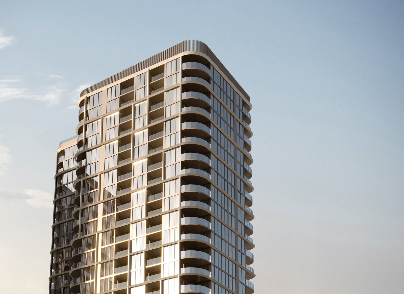 Facade vignette of Duet Porta showing the articulated balcony treatment and high quality materiality